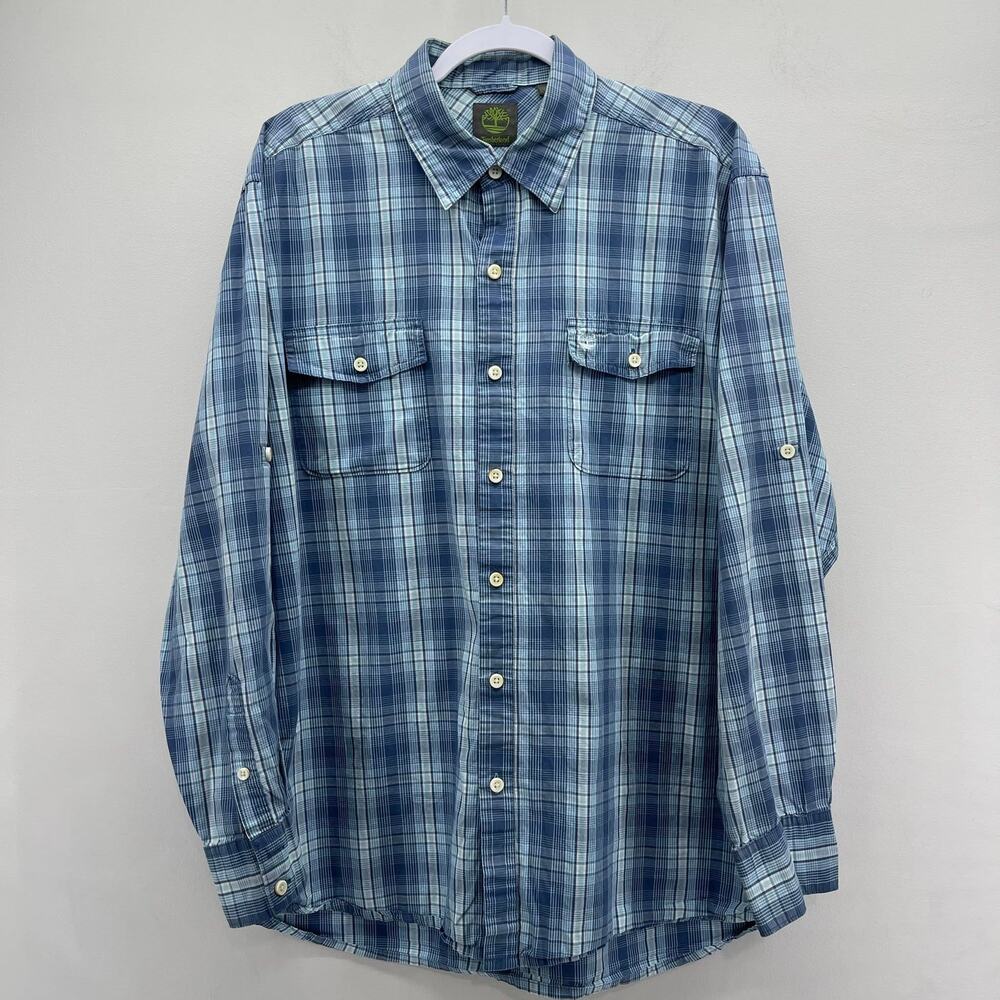 Timberland Long Sleeve Button Down Shirt Mens Large Blue/Light Blue Plaid Casual